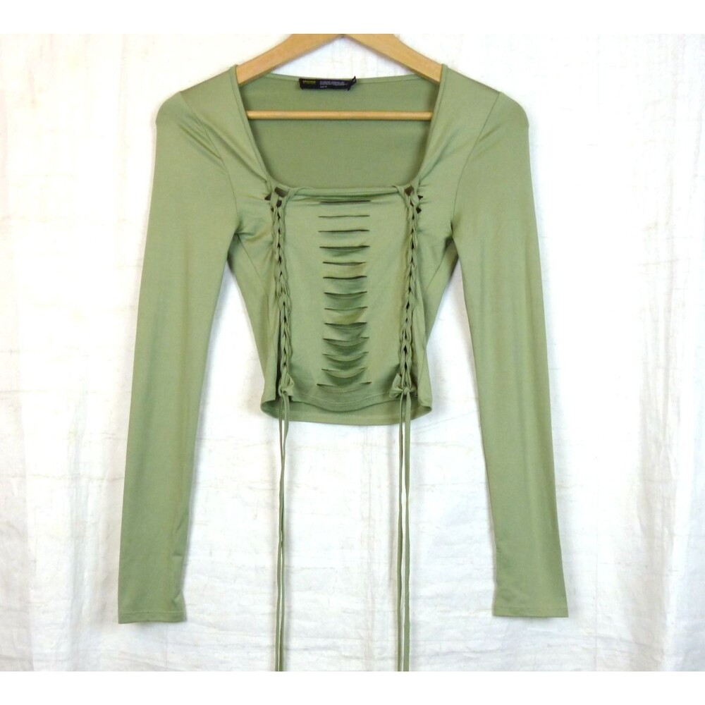 Finesse Lace Up Rave Top Women XS Green Cutout Corset Long Sleeve Cyber Punk Y2K